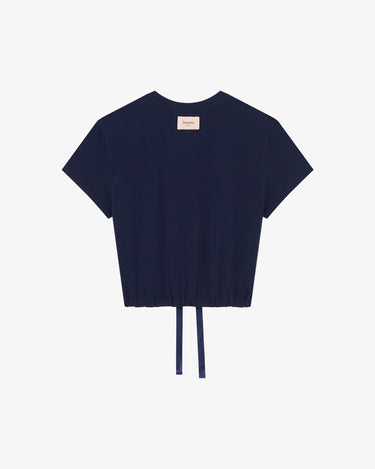 RIBBON CROP T-SHIRT 品牌經典緞面短版上衣 - 海軍藍